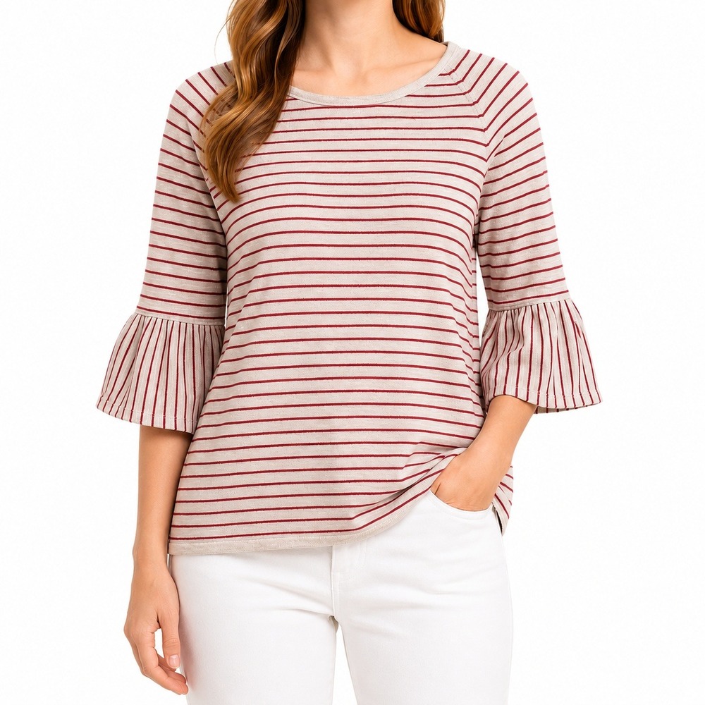 J. Jill Linen Blend Striped Bell Sleeve Knit Top Coastal Petite Large Beige Red